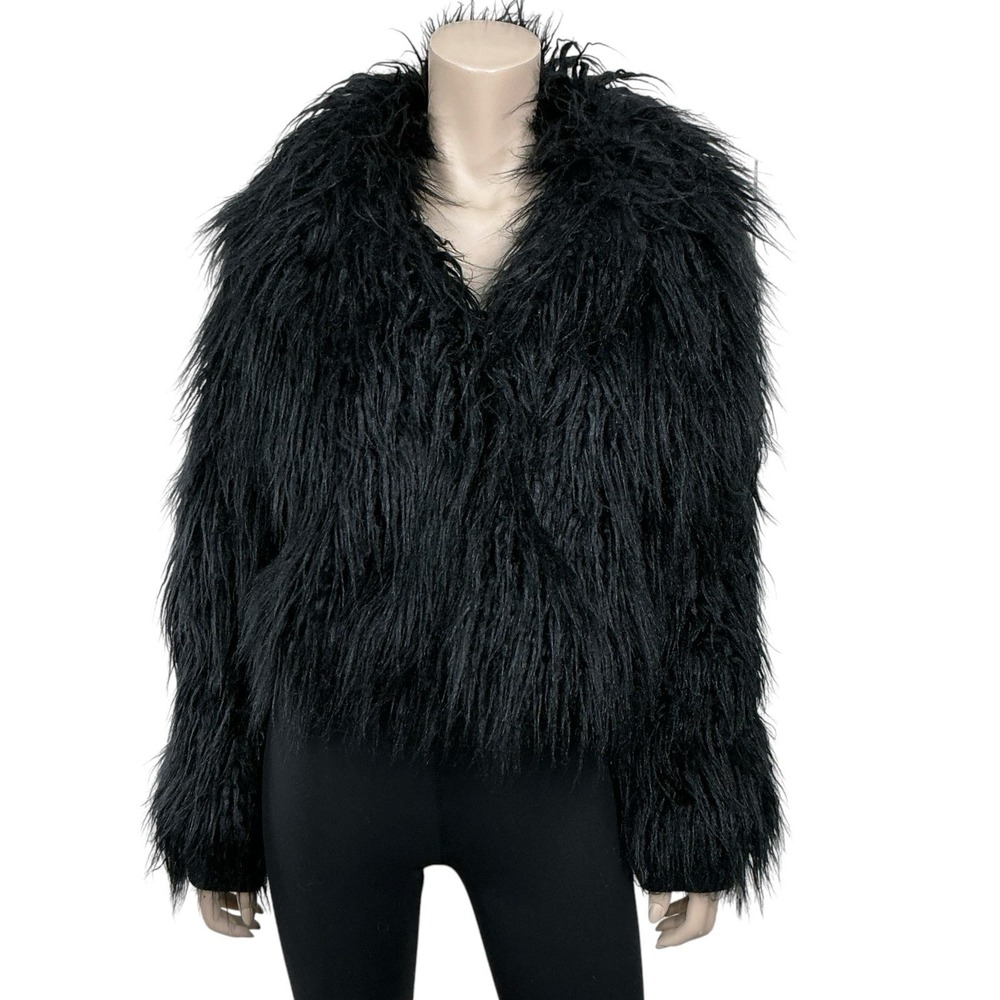 Topshop Coat Women Large/12 Black Long Sleeve Collared Faux Fur Shaggy NWOT